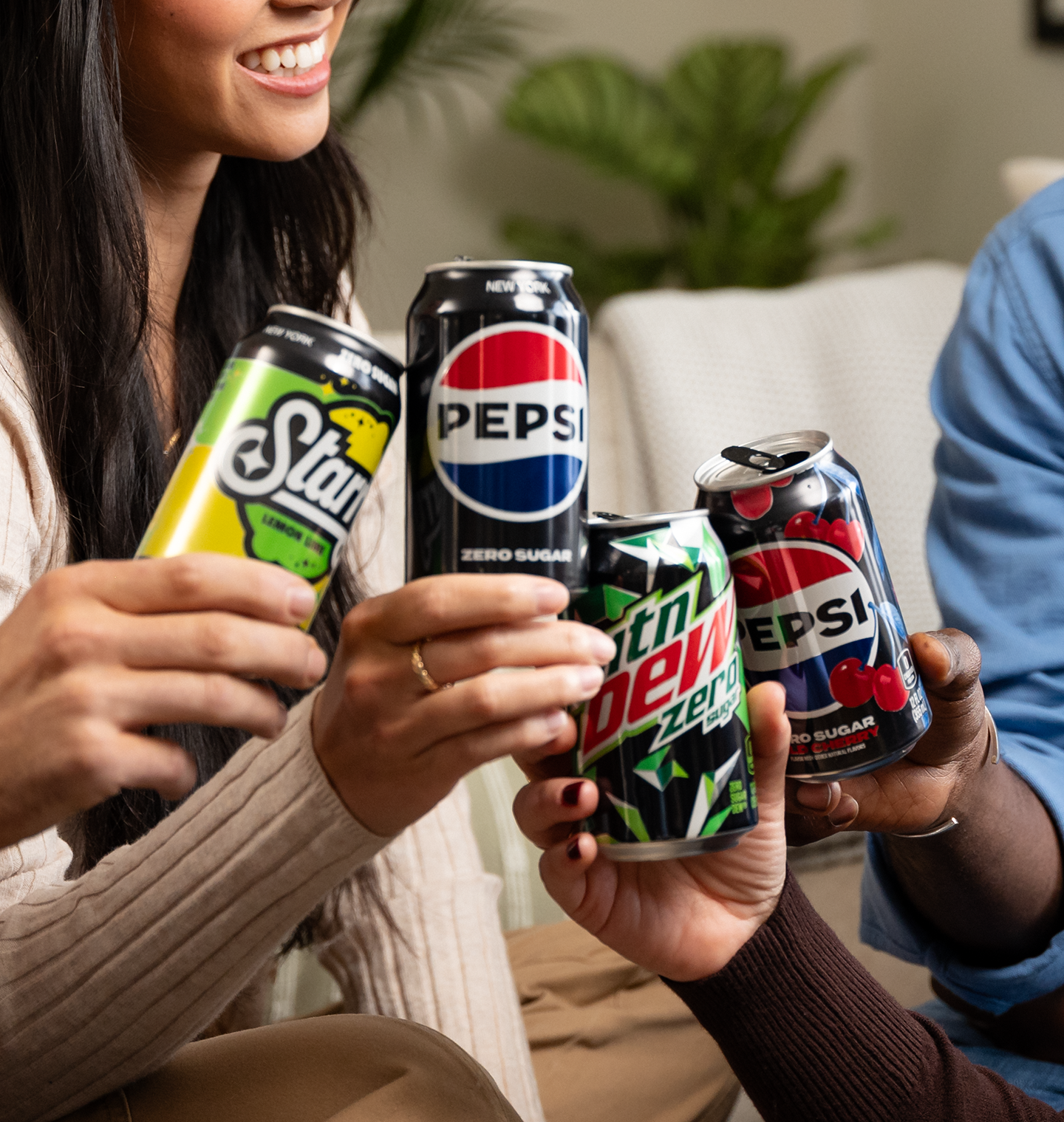 Friends drinking Starry Zero Sugar, Pepsi Zero Sugar, Mountain Dew Zero, and Pepsi Zero Sugar Wild Cherry