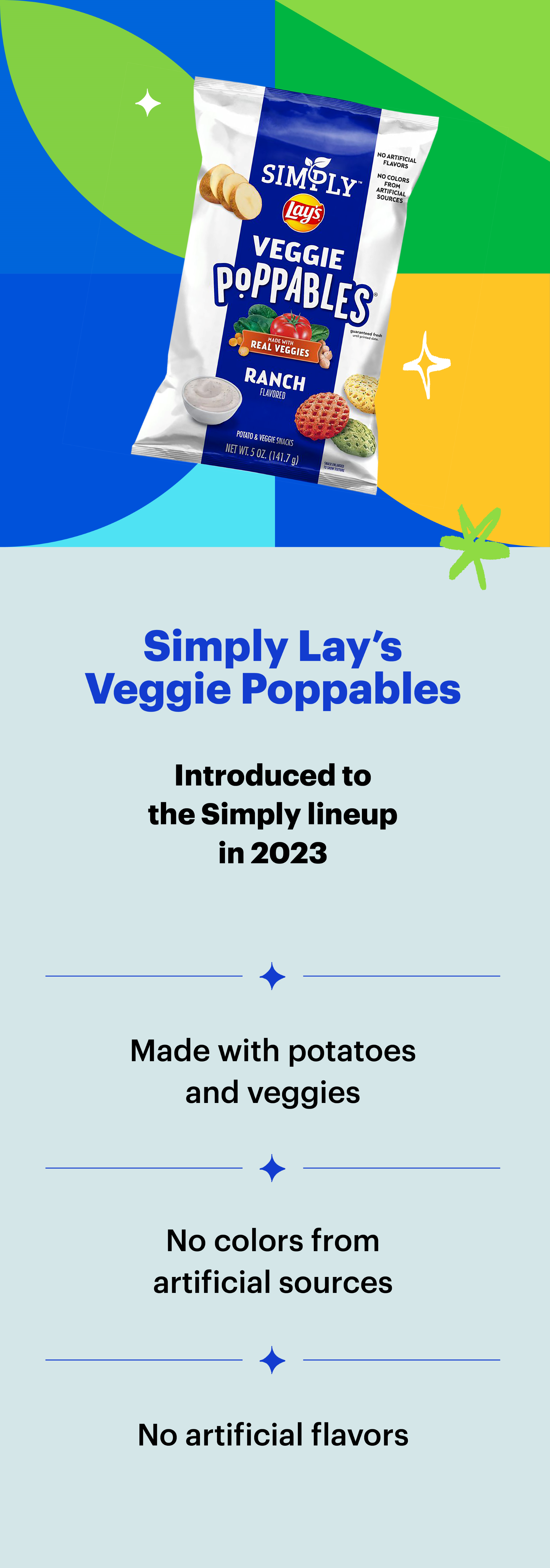 Simply Lay’s Veggie Poppables: Introduced to the Simply lineup in 2023. Made with potatoes and veggies. No colors from artificial sources. No artificial flavors.