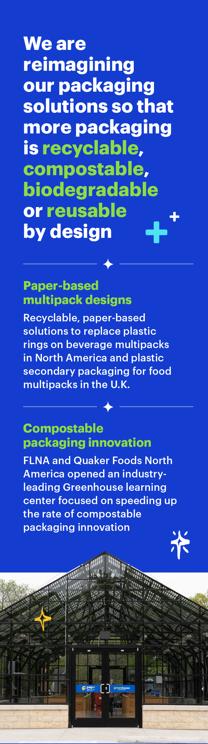 We are reimagining our packaging solutions so that more packaging is recyclable, compostable, biodegradable or reusable by design